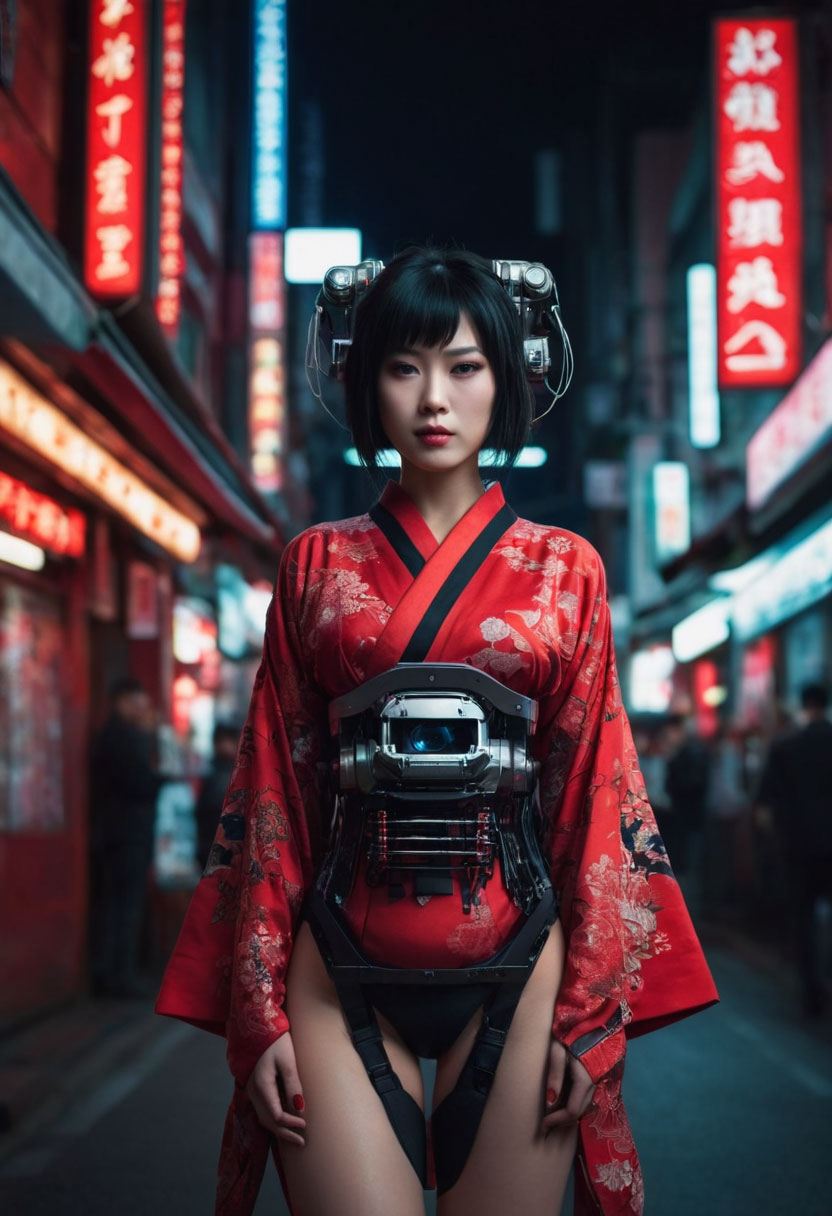 Beautiful Samurai Geisha in red kimono AI portrait - Juggernaut XL v8