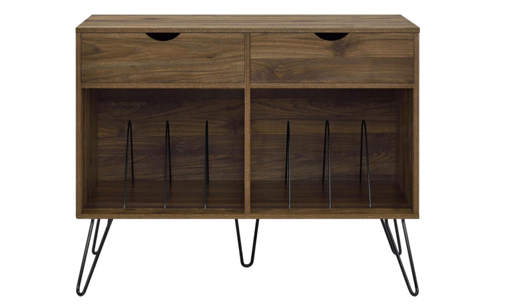 Novogratz Concord Turntable Stand featuring mid-century modern design and multiple storage shelves