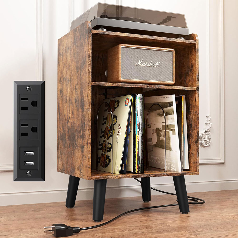 Vintage Record Player Stand with multiple shelves for vinyl storage and classic design