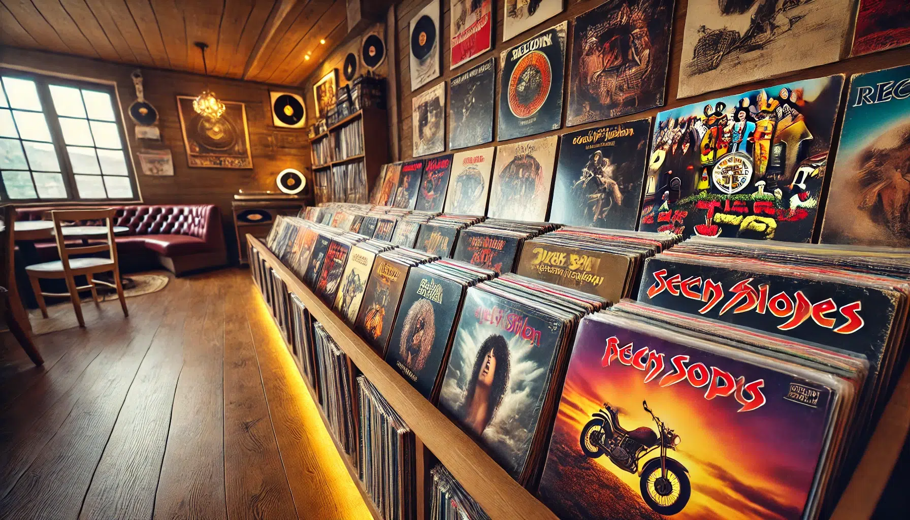 Photo of a Vinyl Record Collection Featuring Rock Albums On Large Wooden Shelf